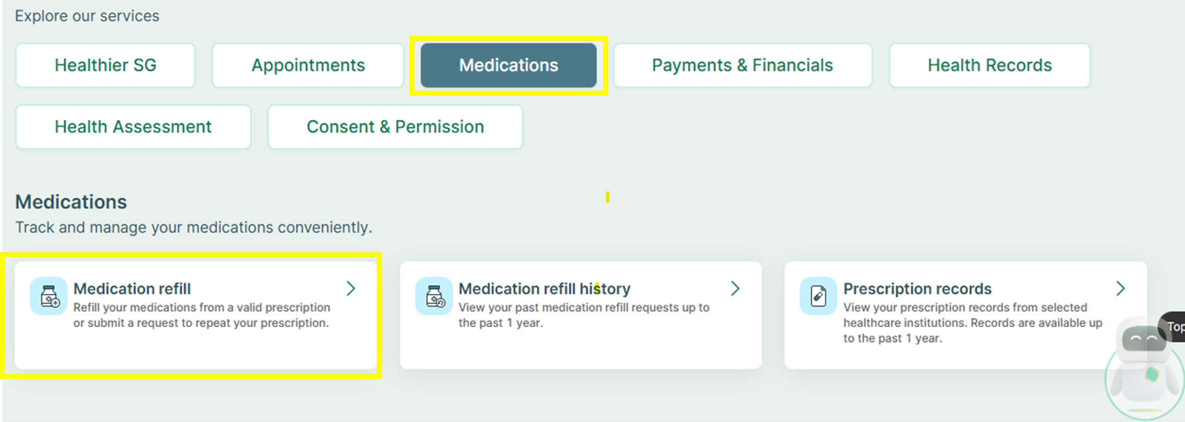 HealthHub medication refill menu